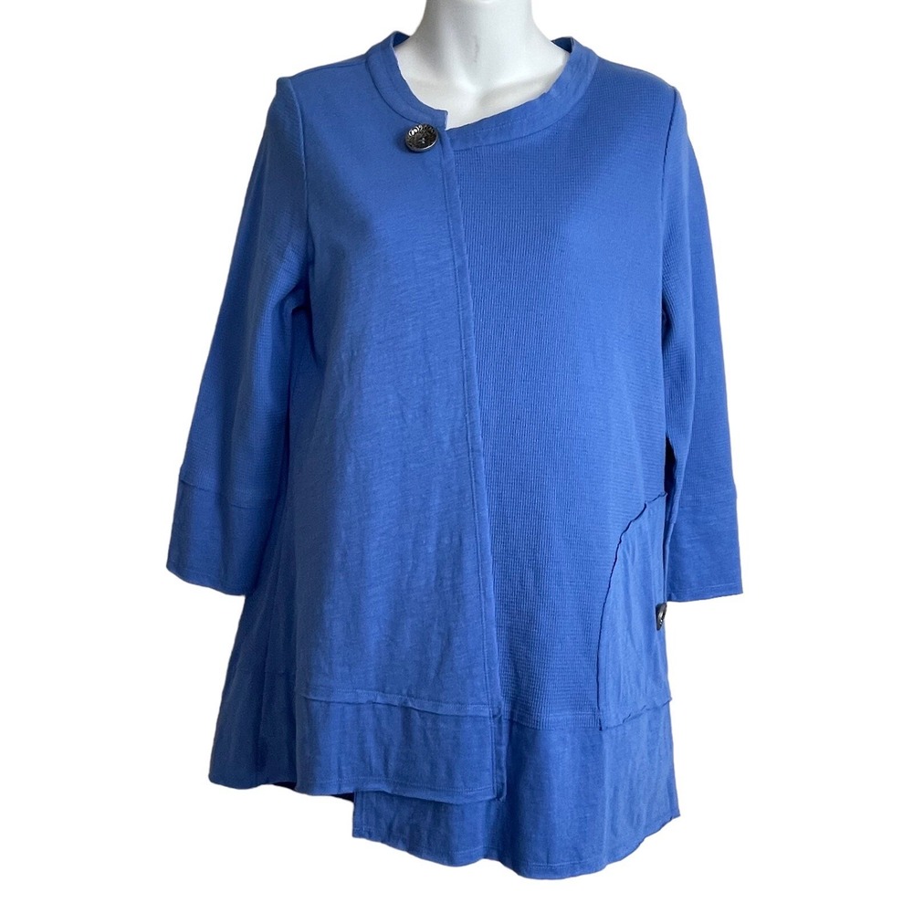 Blue Mixed Media Tunic Top Women Small Slub Waffle Knit Asymmetric Lagenlook
